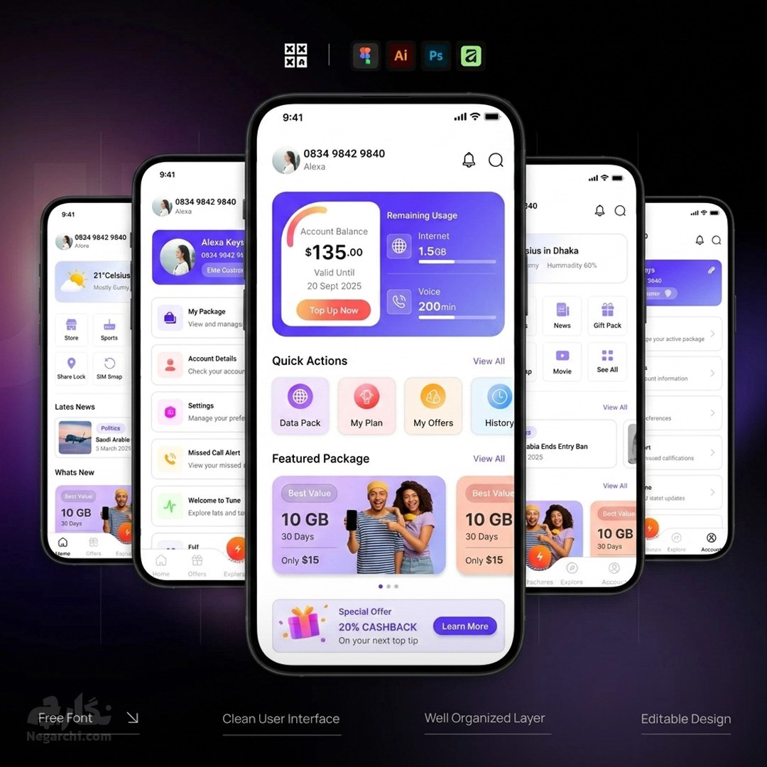 کیت رابط کاربری اپلیکیشن موبایل مخصوص فتوشاپ و ایلاستریتور