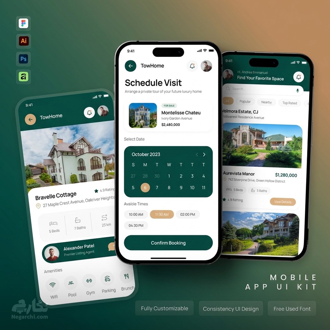 کیت رابط کاربری اپلیکیشن املاک مخصوص فتوشاپ و ایلاستریتور