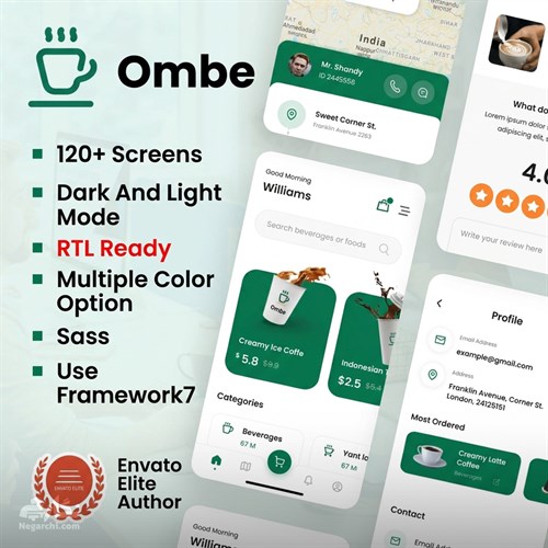 قالب HTML اپلیکیشن کافی‌شاپ Ombe + نسخه راست‌چین (RTL)