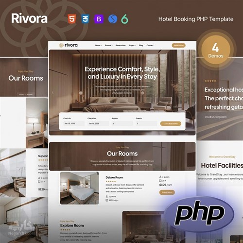 قالب HTML سایت هتل و اقامتگاه Rivora + نسخه راست‌چین (RTL)
